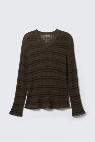 Locker sitzender Strickpullover mit V-Ausschnitt – gestreift, dunkelbraun