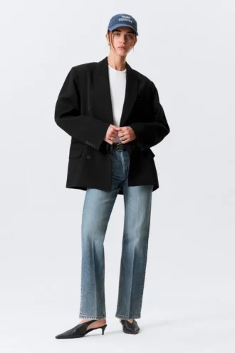Locker sitzender Zweireiher-Blazer aus Leinenmischung – Schwarz