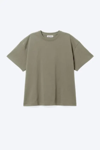 Locker sitzendes, kastenförmiges Baumwoll-T-Shirt – Staubiges Khaki-Grün