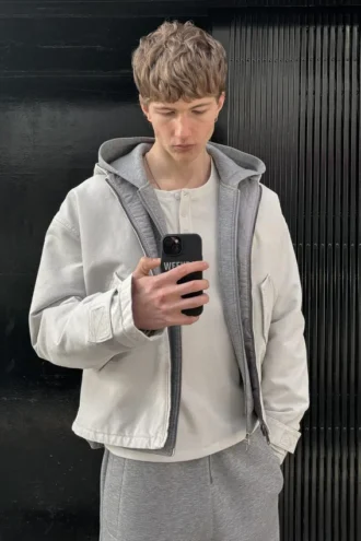 Lockere Canvas-Jacke mit Kapuze – Hellstaubgrau