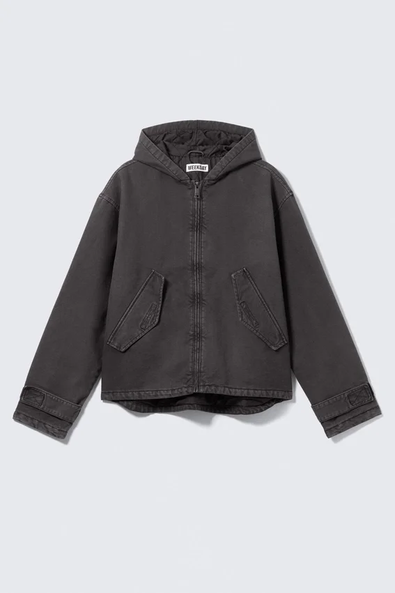 Lockere Canvas-Jacke mit Kapuze – Schwarz meliert Lockere Canvas-Jacke mit Kapuze – Schwarz meliert