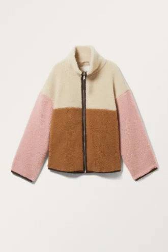 Lockere Fleece-Jacke mit Reißverschluss – Beige/Braun/Rosa