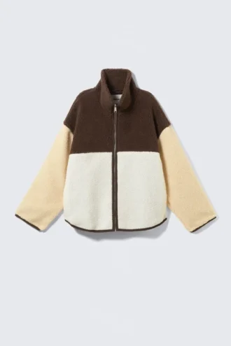 Lockere Fleece-Jacke mit Reißverschluss – Braun/Weiß/Gelb