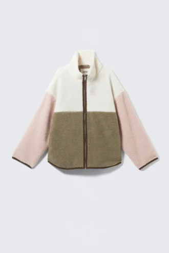 Lockere Fleece-Jacke mit Reißverschluss – Weiß/Khaki/Rosa