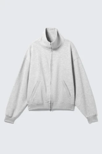 Lockere Strickjacke mit Trichterkragen und Reißverschluss – Grau meliert