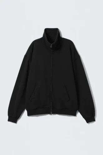 Lockere Strickjacke mit Trichterkragen und Reißverschluss – Schwarz