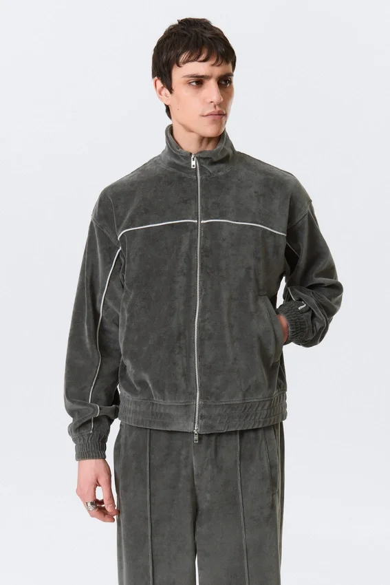 Lockere Velours-Trainingsjacke – Dunkelgrau Lockere Velours-Trainingsjacke – Dunkelgrau