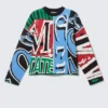 Lockerer, grafisch mit Print bedruckter Baumwoll-Pullover – mehrfarbiger Print Lockerer, grafisch mit Print bedruckter Baumwoll-Pullover – mehrfarbiger Print