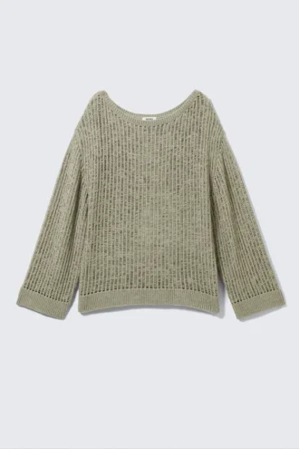 Lockerer Pullover mit offenem Strickmuster und Seitenschlitzen – Khaki-Grün