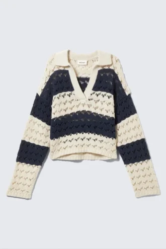 Lockerer Pullover mit offenem Strickmuster – Weiß-dunkelblau gestreift
