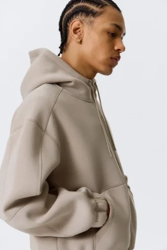 Lockerer Scuba-Kapuzenpullover mit hohem Kragen und Reißverschluss – Light Dusty Mole