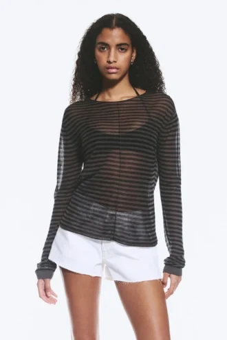 Lockerer, transparenter Strickpullover – gestreift, dunkelgrau
