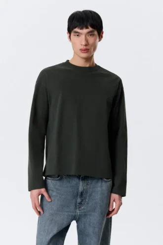 Lockeres, kastenförmiges Langarmshirt – Dunkelgrün