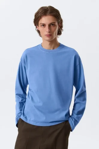 Lockeres, kastenförmiges Langarmshirt – Washed Blue