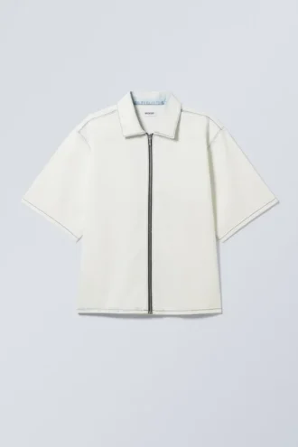 Lockeres, kurzärmeliges Denim-Shirt mit Reißverschluss – Blotch Blue