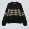 Lockeres Polo-Sweatshirt mit Print – Schwarz – Argyle-Einsatz Lockeres Polo-Sweatshirt mit Print – Schwarz – Argyle-Einsatz