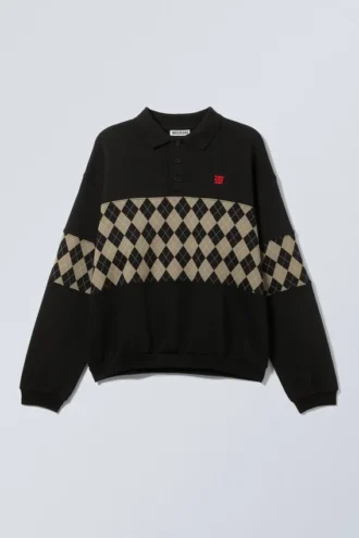 Lockeres Polo-Sweatshirt mit Print – Schwarz – Argyle-Einsatz
