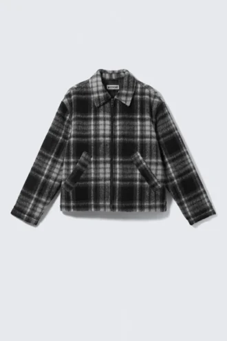 Lässige Jacke aus Wollmischung mit Reißverschluss – Schwarzes Karomuster Lässige Jacke aus Wollmischung mit Reißverschluss – Schwarzes Karomuster