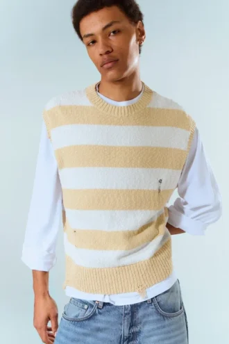Lässige Strickweste im Used-Look – Blau-beige gestreift