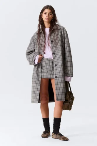 Lässiger einreihiger Car Coat – grau kariert