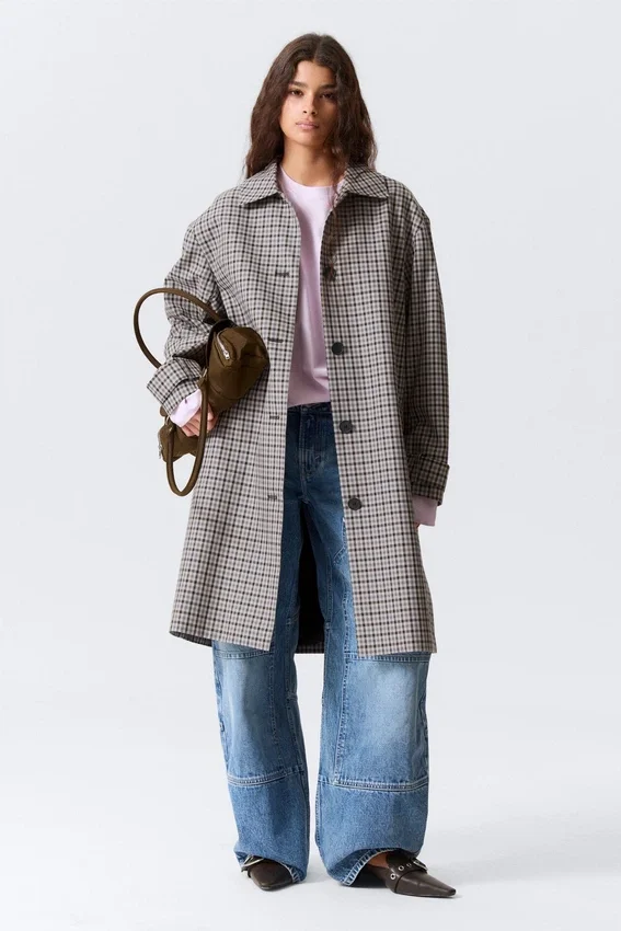 Lässiger einreihiger Car Coat – grau kariert Lässiger einreihiger Car Coat – grau kariert
