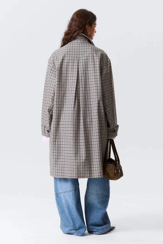 Lässiger einreihiger Car Coat – grau kariert Lässiger einreihiger Car Coat – grau kariert