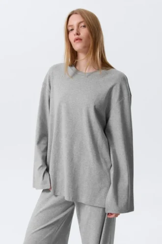 Lässiges Langarm-Jersey-Top – Grau meliert