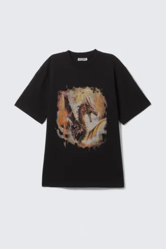 Lässiges T-Shirt mit Print – Schwarz – Dragon Gate