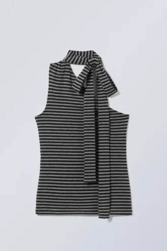 Lyocell-One-Shoulder-Top mit Bindeband – Grau gestreift