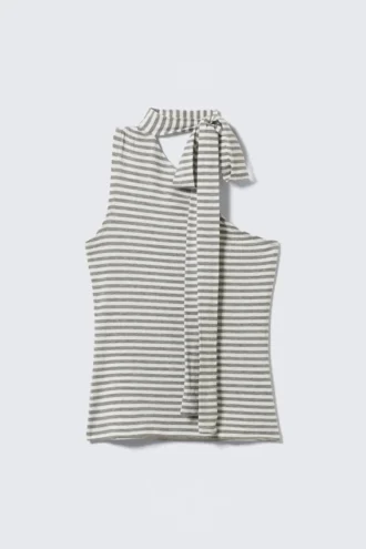 Lyocell-One-Shoulder-Top mit Bindeband – Grau-weiß gestreift