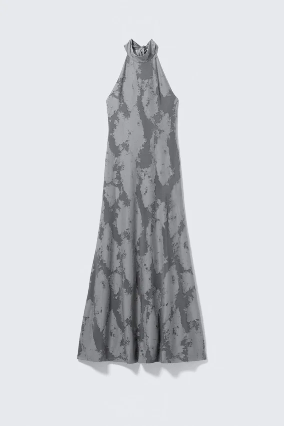 Maxi-Jacquard-Kleid mit Neckholder – Grau Maxi-Jacquard-Kleid mit Neckholder – Grau
