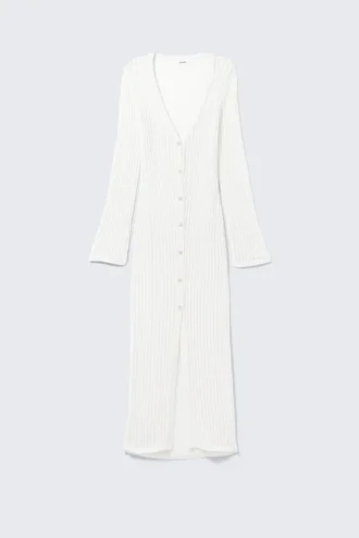 Maxi-Strickjacke mit V-Ausschnitt und offenem Strickmuster – Weiß
