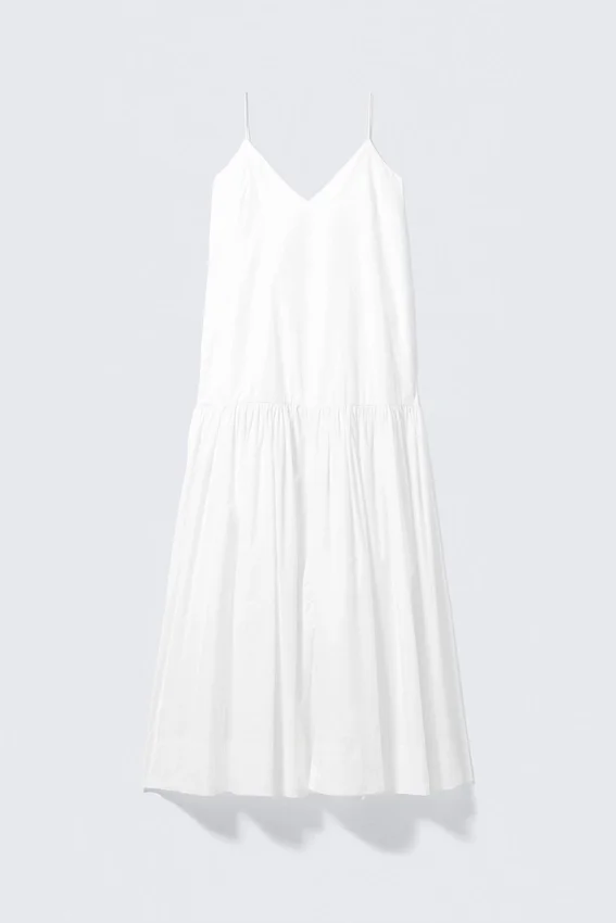 Maxikleid aus Baumwollpopeline mit Stufen – Weiß Maxikleid aus Baumwollpopeline mit Stufen – Weiß