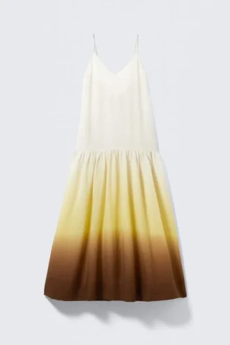Maxikleid aus bedruckter Baumwolle mit Stufenschnitt – Weiß/Gelb/Braun – Farbverlauf