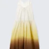 Maxikleid aus bedruckter Baumwolle mit Stufenschnitt – Weiß/Gelb/Braun – Farbverlauf Maxikleid aus bedruckter Baumwolle mit Stufenschnitt – Weiß/Gelb/Braun – Farbverlauf