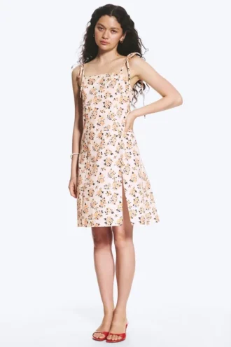Midi-Kleid mit quadratischem Ausschnitt und Schlitz – Weiß – Rosa Blumenmuster
