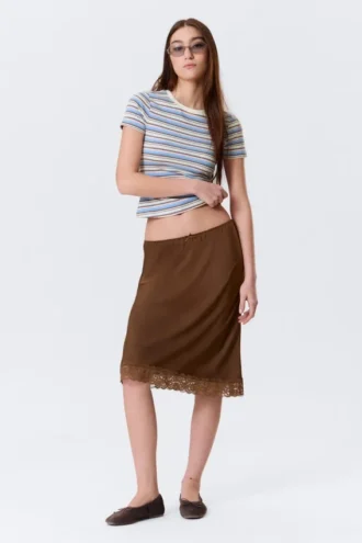 Midi-Rock aus Satin mit Spitze – Dunkelbraun