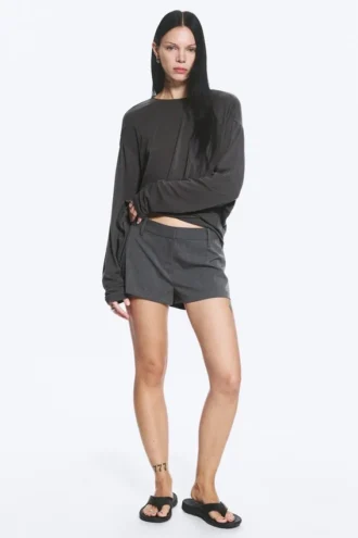 Mini-Anzug-Shorts mit niedriger Taille – Dunkelgrau meliert