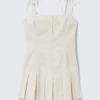Mini-Kleid aus Twill mit Falten und Bindebändern – Hellbeige Mini-Kleid aus Twill mit Falten und Bindebändern – Hellbeige