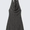 Mini-Kleid mit Jacquard-Halterausschnitt und Wasserfallkragen – Dunkelgrau Mini-Kleid mit Jacquard-Halterausschnitt und Wasserfallkragen – Dunkelgrau