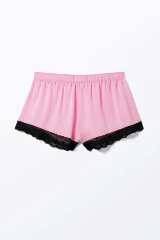 Mini-Shorts aus Satin mit Spitze – Rosa – Schwarze Spitze