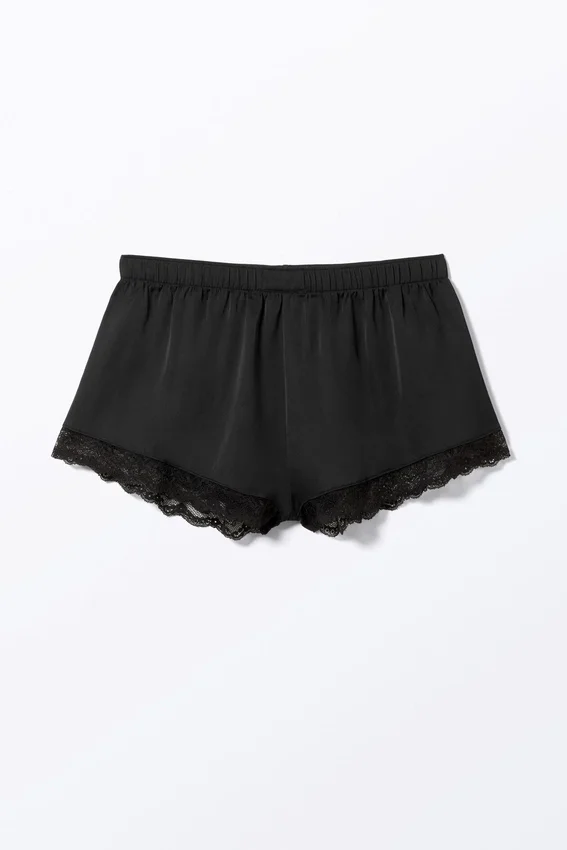 Mini-Shorts aus Satin mit Spitze – Schwarz Mini-Shorts aus Satin mit Spitze – Schwarz