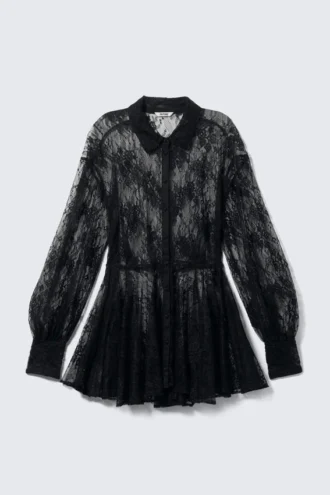 Mini-Spitzen-Hemd-Kleid – Schwarz