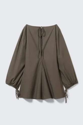 Minikleid aus Baumwollpopeline mit Bindedetails – Dark Mole