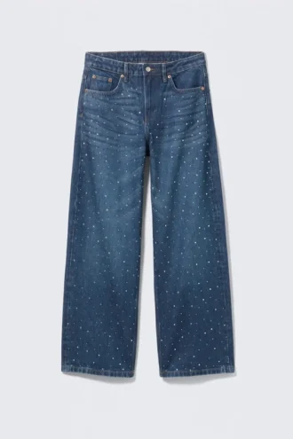 Missy Verzierte Low-Rise-Jeans mit geradem Bein – Verziert Blau – Dunkelblau