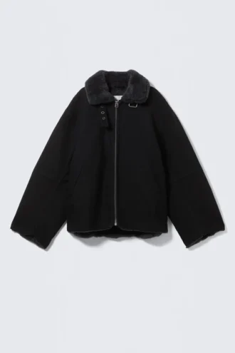 Mit Fell gefütterte Canvas-Jacke – Schwarz