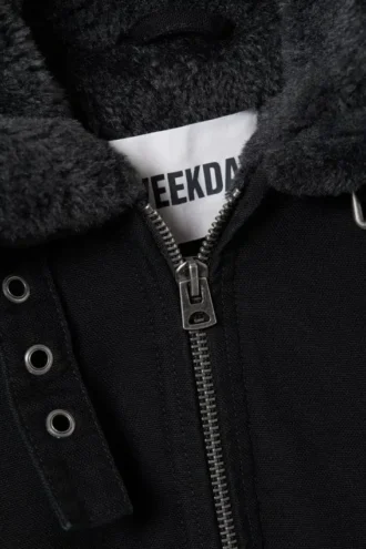 Mit Fell gefütterte Canvas-Jacke – Schwarz