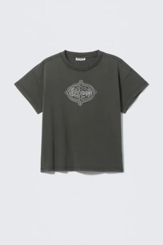 Mit Print, kastenförmiges Baumwoll-T-Shirt mit Flügelärmeln – Dunkelgrau – Spacenet