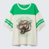 Mit Print-Print-T-Shirt mit kurzen Ärmeln im College-Stil – Weiß & Grün – Tiger Fury Mit Print-Print-T-Shirt mit kurzen Ärmeln im College-Stil – Weiß & Grün – Tiger Fury