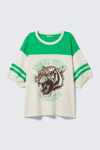 Mit Print-Print-T-Shirt mit kurzen Ärmeln im College-Stil – Weiß & Grün – Tiger Fury